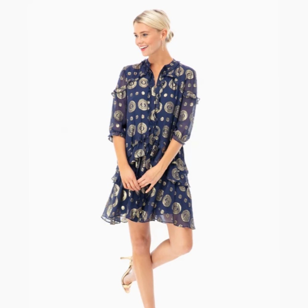 Saloni Navy/Gold Ruffle Dress